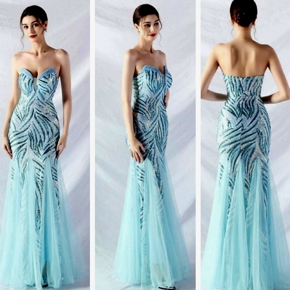 Dresses & Skirts - Blue, Striped Print, Backless,  Sleeveless,  Contrast Sequined Mermaid M…